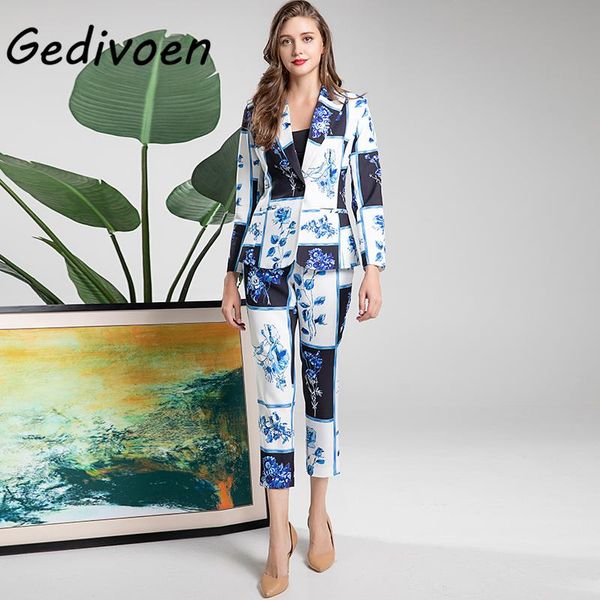 women's two piece pants gedivoen 2021autumn winter runway fashion flowers print set single button jackets + calf-length suits, White
women's two piece pants gedivoen 2021autumn winter runway fashion flowers print set single button jackets + calf-length suits, White