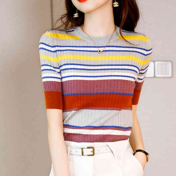 women's t-shirt jmprs cute rainbow striped women t shirt summer short sleeve knitted thin tees korean slim elastic fashion o neck, White
women's t-shirt jmprs cute rainbow striped women t shirt summer short sleeve knitted thin tees korean slim elastic fashion o neck, White