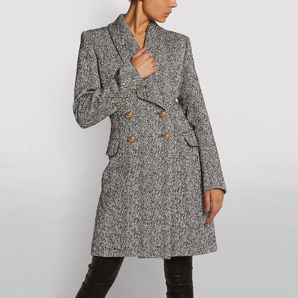 women's wool & blends est fall winter nice designer coat double breasted lion buttons herringbone tweed, Black
women's wool & blends est fall winter nice designer coat double breasted lion buttons herringbone tweed, Black