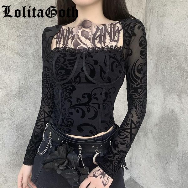women's t-shirt lolita goth dark mesh see through long sleeve harajuku vintage black women bra build hollow out autumn basic, White
women's t-shirt lolita goth dark mesh see through long sleeve harajuku vintage black women bra build hollow out autumn basic, White