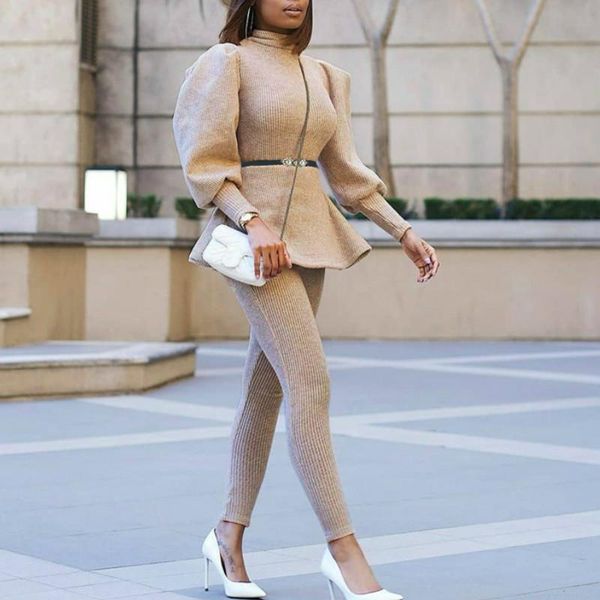 women khaki 2 pieces set long lantern sleeve pullover waist belt slim pants elastic high collar autumn fashion suits female women's tw, White
women khaki 2 pieces set long lantern sleeve pullover waist belt slim pants elastic high collar autumn fashion suits female women's tw, White