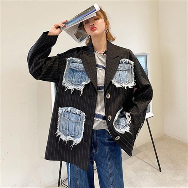 spring fashion high-quality european and american ladies striped stitching denim loose mid-length suit jacket trend women's suits & bla, White;black
spring fashion high-quality european and american ladies striped stitching denim loose mid-length suit jacket trend women's suits & bla, White;black
