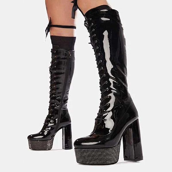 boots ribetrini platform block heels mid calf women's rhinestone bling designer lace up autumn trendy shoes size 41, Black
boots ribetrini platform block heels mid calf women's rhinestone bling designer lace up autumn trendy shoes size 41, Black