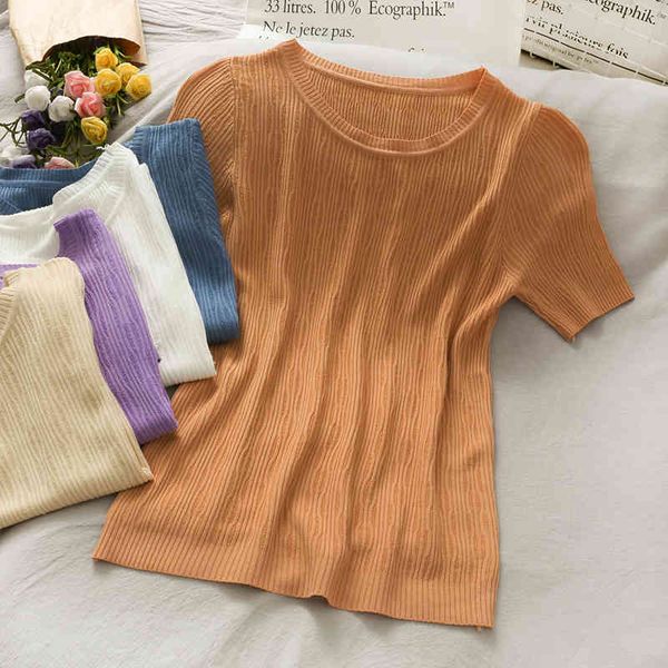 korean wild casual stripes thin knit t-shirt women tee summer o neck short-sleeved t shirt solid color tide 210420, White
korean wild casual stripes thin knit t-shirt women tee summer o neck short-sleeved t shirt solid color tide 210420, White