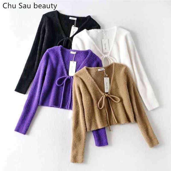 french v-neck tie knitted furry cardigan sweaters woman fall vintage style cardigans long sleeve short knit sweater 210508, White
french v-neck tie knitted furry cardigan sweaters woman fall vintage style cardigans long sleeve short knit sweater 210508, White