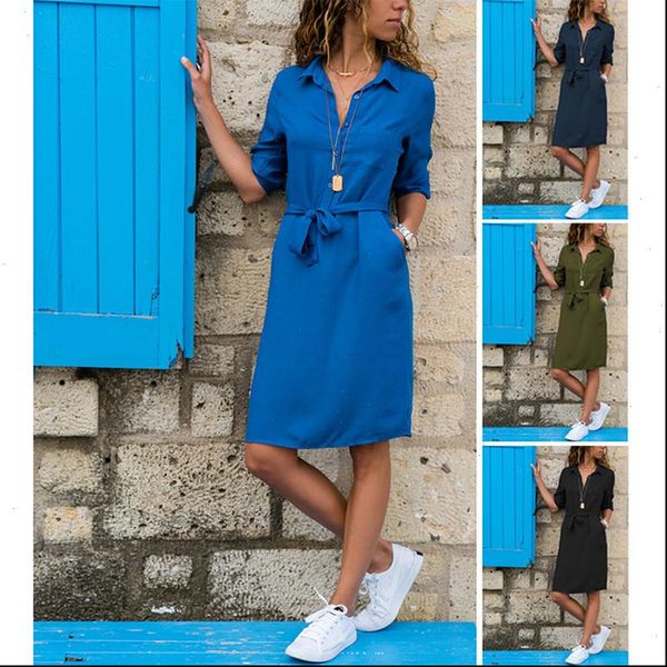 women dress turn down collar party shirt solid three quarter sleeve spring summer plus size casual vestidos robe, Black;gray
women dress turn down collar party shirt solid three quarter sleeve spring summer plus size casual vestidos robe, Black;gray