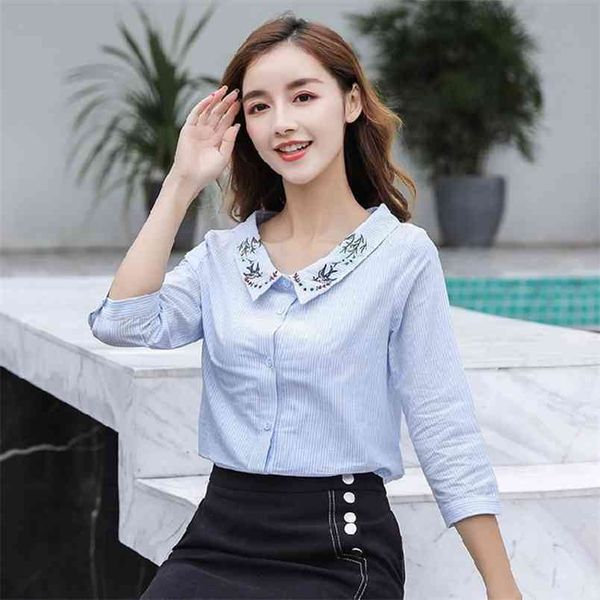summer korea fashion women 3/4 sleeve loose shirts peter pan collar embroidery casual striped blouse cotton female d474 210512, White
summer korea fashion women 3/4 sleeve loose shirts peter pan collar embroidery casual striped blouse cotton female d474 210512, White