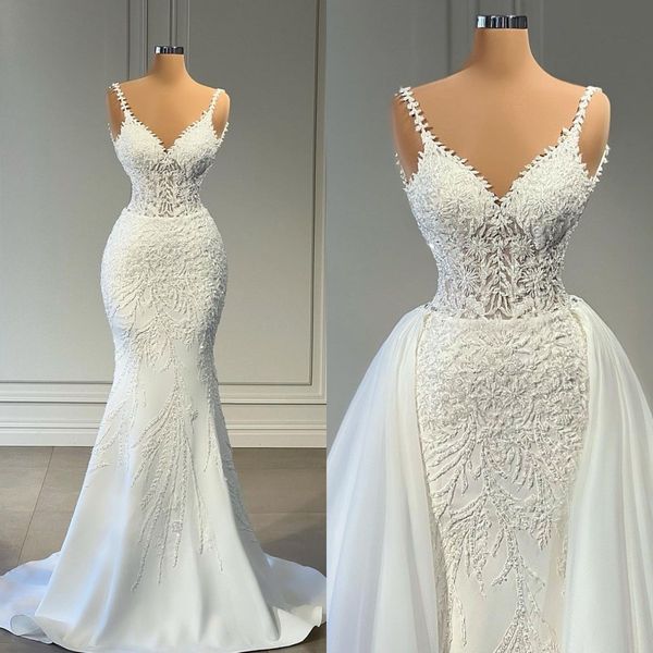 elegant mermaid wedding dresses with detachable train bridal gowns lace applique v neck handmade second reception dress, White
elegant mermaid wedding dresses with detachable train bridal gowns lace applique v neck handmade second reception dress, White