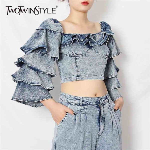 elegant blue denim shirt for women square collar flare sleeve patchwork ruffle casual slim shirts female fashion 210524, White
elegant blue denim shirt for women square collar flare sleeve patchwork ruffle casual slim shirts female fashion 210524, White