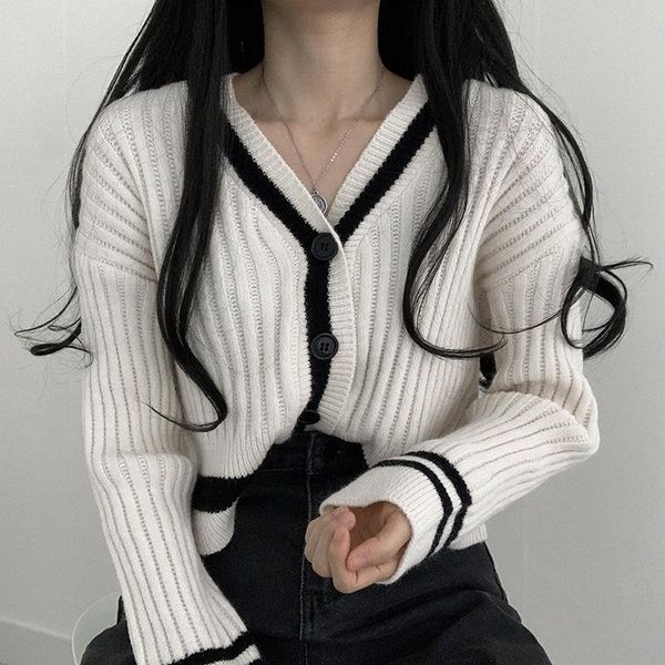 women's sweaters streetwear korean fashion knitted cropped cardigan female preppy style v neck long sleeve black white spring autumn, White;black
women's sweaters streetwear korean fashion knitted cropped cardigan female preppy style v neck long sleeve black white spring autumn, White;black