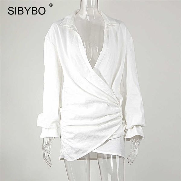 sibybo ruched cross shirts dress autumn long sleeve turn-down collar women mini dresses white cotton bodycon party vestidos, Black;white 
sibybo ruched cross shirts dress autumn long sleeve turn-down collar women mini dresses white cotton bodycon party vestidos, Black;white