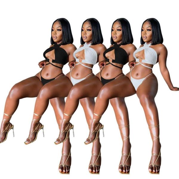 women's swimwear 2021 summer two-piece short solid bandage bra halterneck swimsuit bikini beachwear women, White;black
women's swimwear 2021 summer two-piece short solid bandage bra halterneck swimsuit bikini beachwear women, White;black