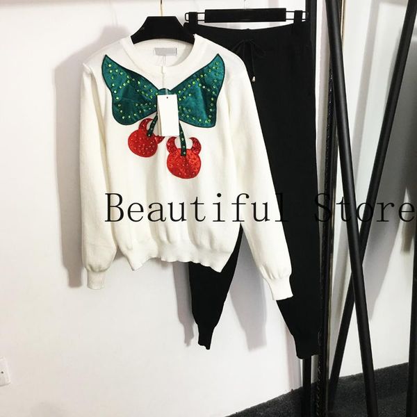 women's two piece pants high end fashion women clothes 2 set cherry embroidery crew neck long sleeve sweater+ elastic waist casual, White
women's two piece pants high end fashion women clothes 2 set cherry embroidery crew neck long sleeve sweater+ elastic waist casual, White