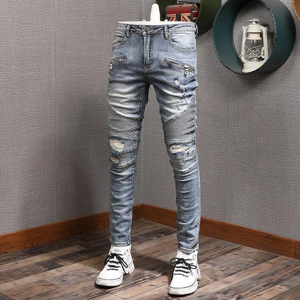 men's jeans european american street fashion men elastic destroyed ripped biker slim fit designer hip hop denim punk pants, Blue
men's jeans european american street fashion men elastic destroyed ripped biker slim fit designer hip hop denim punk pants, Blue