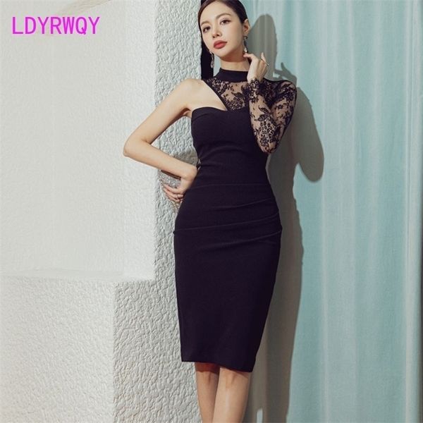 women's spring temperament single shoulder lace splicing nightclub hip dress 210416, Black;gray
women's spring temperament single shoulder lace splicing nightclub hip dress 210416, Black;gray