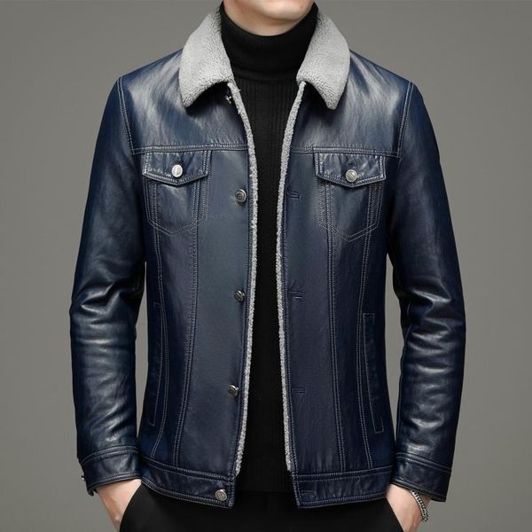 men's leather & faux winter fur integrated jacket plus velvet padded lapel motorcycle lamb jacket., Black
men's leather & faux winter fur integrated jacket plus velvet padded lapel motorcycle lamb jacket., Black