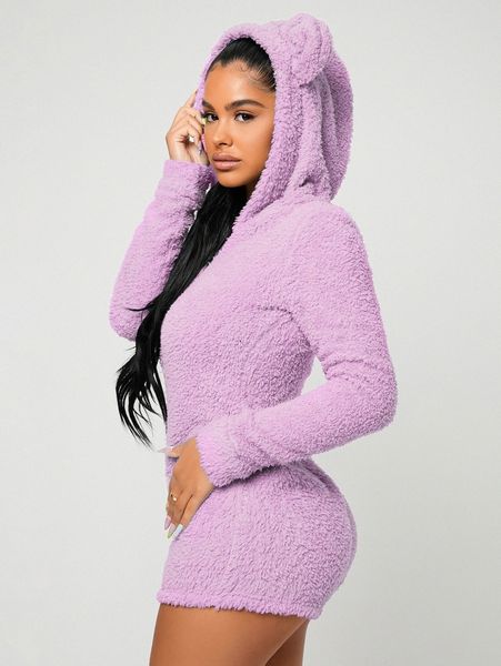 sxy zipper 3d ear patched hoodie flannel romper x8ms#, White 
sxy zipper 3d ear patched hoodie flannel romper x8ms#, White