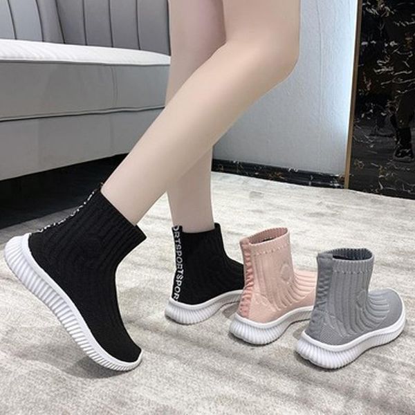 boots 2021 women fashion sock knitted elastic band ankle breathable slip on females vulcanized shoes ladies plus size 41, Black