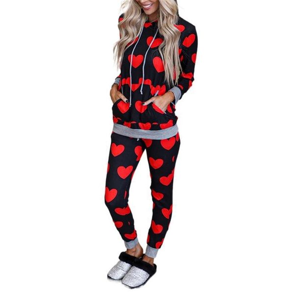 homewear women spring fall red heart print front pocket pullover +drawstring high waist pencil pants ensemble pantalon femme 210604, White 
homewear women spring fall red heart print front pocket pullover +drawstring high waist pencil pants ensemble pantalon femme 210604, White