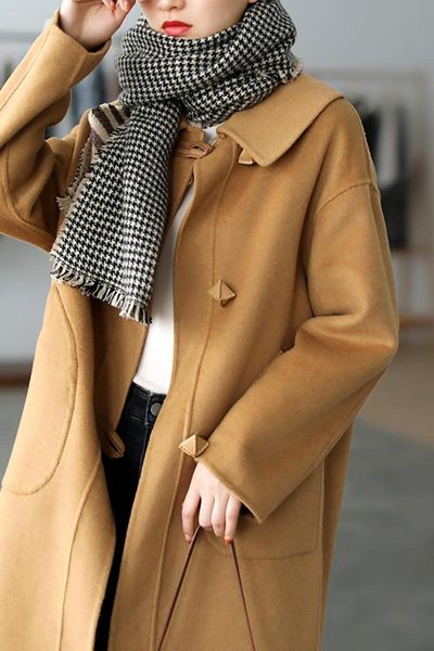 women's wool & blends double face cashmere overcoat with horn buckle for women, Black
women's wool & blends double face cashmere overcoat with horn buckle for women, Black