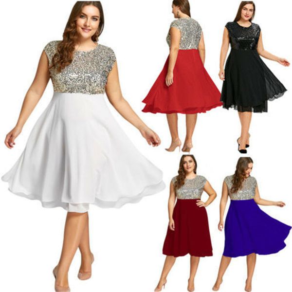 women's plus size summer large round ne solid chiffon sequin sleeveless zipper