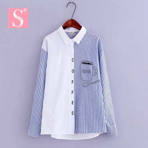 spring autumn women blue stripe patchwork blouse coffee cup printed shirt long sleeve loose blusas femininas women's blouses & shi shi, White
spring autumn women blue stripe patchwork blouse coffee cup printed shirt long sleeve loose blusas femininas women's blouses & shi shi, White