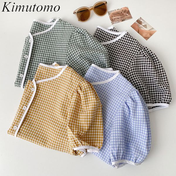 kimutomo plaid shirt women spring korean fashion female v-neck loose casual short-sleeved blouse outwear elegant 210521, White