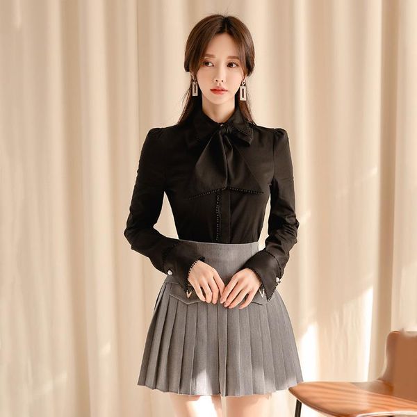 women's tracksuits 2021 spring women 2 piece set black long sleeve turn-down collar elegant office shirt and mini pleated skirt two, Gray 
women's tracksuits 2021 spring women 2 piece set black long sleeve turn-down collar elegant office shirt and mini pleated skirt two, Gray
