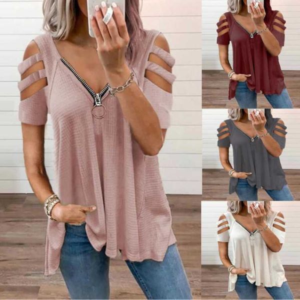 2021 fashion t shirts women's waffle zipper v-ne solid off shoulder short sleeve large, White
2021 fashion t shirts women's waffle zipper v-ne solid off shoulder short sleeve large, White