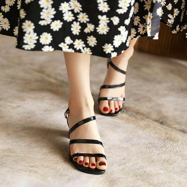 size 34-52 summer women's chunky mid heels slingback buckle shoes roman sandals, Black