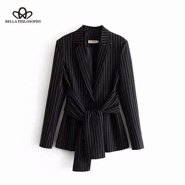 women's jackets philosophy 2021 autumn women striped lace up coats streetwear slim spandex square collar outerwear belt, Black;brown
