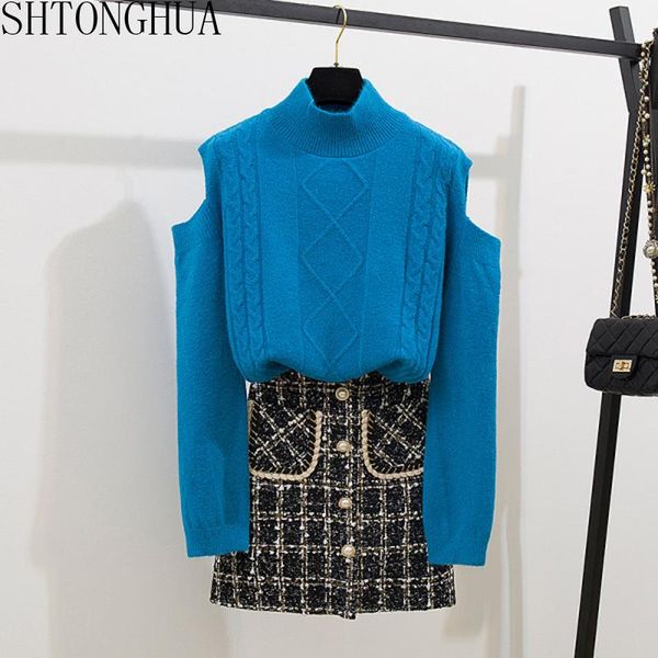 two piece dress autumn women matching set outfit warm suit long sleeve cold shoulder knitted sweater + mini wool plaid skirt, White
two piece dress autumn women matching set outfit warm suit long sleeve cold shoulder knitted sweater + mini wool plaid skirt, White