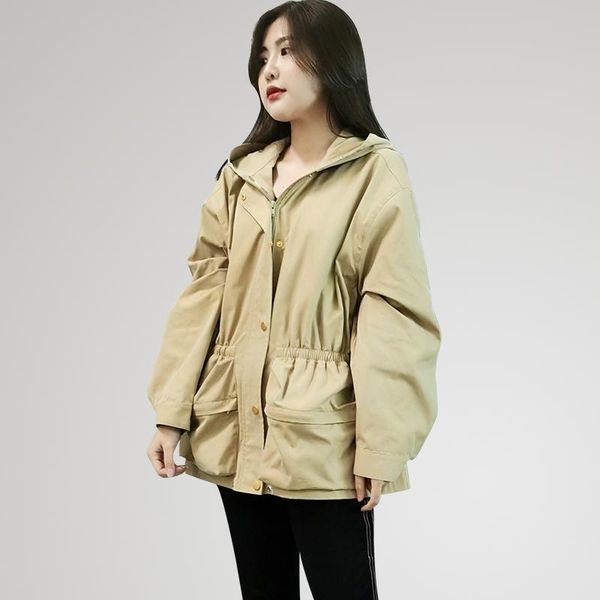 women's trench coats khaki button zip hooded short coat, Tan;black