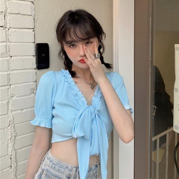 women's t-shirt slim crop summer style bow clothing v-neck blue tees hipster fashion brand korean clothes ladies t shirts, White
women's t-shirt slim crop summer style bow clothing v-neck blue tees hipster fashion brand korean clothes ladies t shirts, White