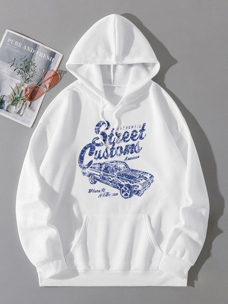 car and letter graphic drawstring thermal lined hoodie y8uc#, White;black