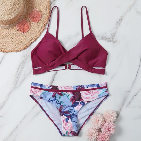 wine red split swimsuit women bikini small chest gathered print, White;black