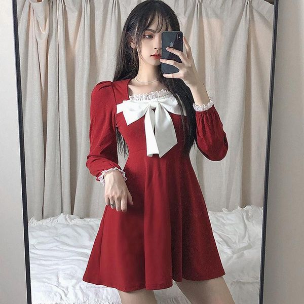 college bow long sleeve dress spring lace dresses female clothes women party clothing korean fashion gown elegant harajuku casual, Black;gray