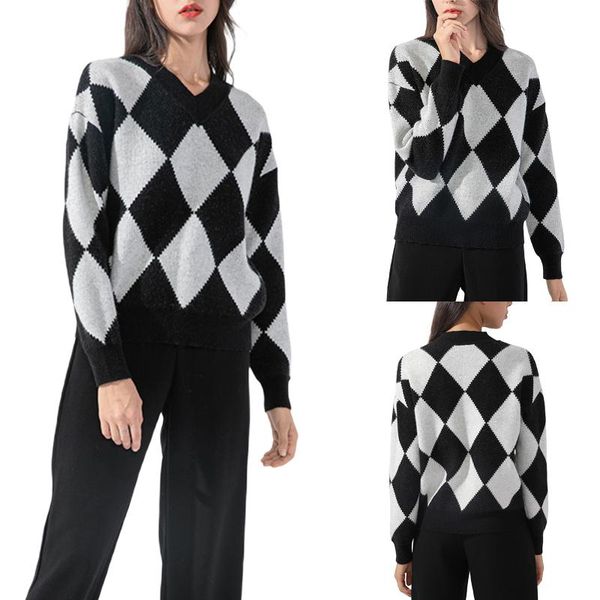 women's sweaters v neck knitted diamond pullovers casual long sleeve argyle print loose jumper for fall, winter and spring., White;black
women's sweaters v neck knitted diamond pullovers casual long sleeve argyle print loose jumper for fall, winter and spring., White;black