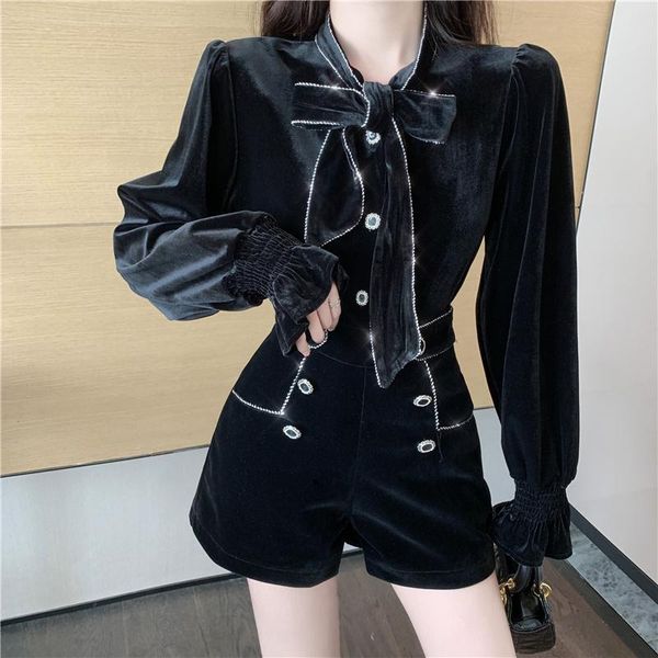 women's tracksuits 2021 autumn winter black velvet korean fashion 2 piece shorts sets women bow shirt + buttons suits vintage two set, Gray
women's tracksuits 2021 autumn winter black velvet korean fashion 2 piece shorts sets women bow shirt + buttons suits vintage two set, Gray