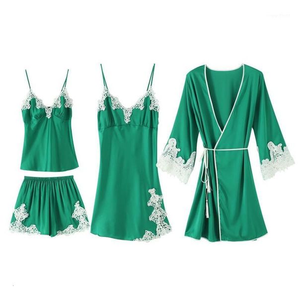 women's green lace trim sleepwear 4pcs home wear satin pajamas suit cami&robe&pant sleep set kimono bathrobe gown wedding nightgown1 zc, Black;red
women's green lace trim sleepwear 4pcs home wear satin pajamas suit cami&robe&pant sleep set kimono bathrobe gown wedding nightgown1 zc, Black;red