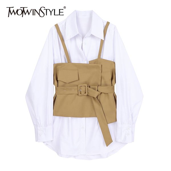 twotwinstyle casual solid two piece set for women lapel long sleeve shirt black vest korean sets female fashion new clothing 210428, White
twotwinstyle casual solid two piece set for women lapel long sleeve shirt black vest korean sets female fashion new clothing 210428, White