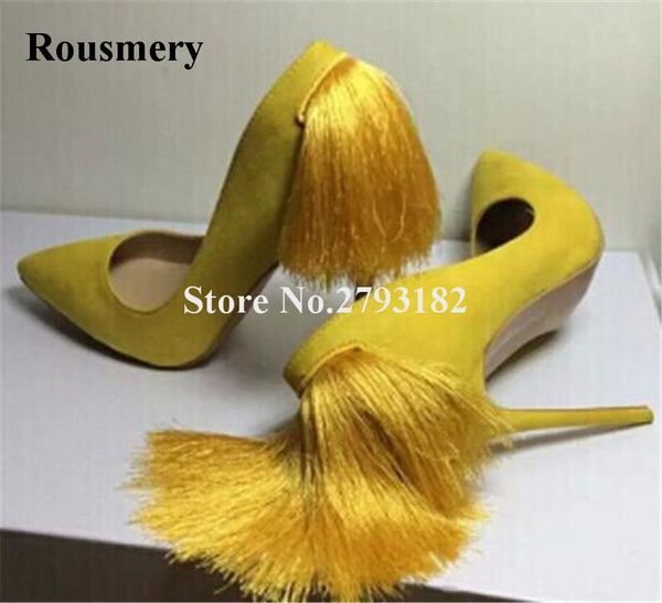 women charming suede leather pointed toe back tassels pumps pink yellow purple fringes high heels formal dress shoes, Black
women charming suede leather pointed toe back tassels pumps pink yellow purple fringes high heels formal dress shoes, Black