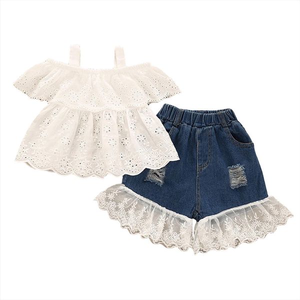 summer toddler baby girls off shoulder hollow white embroidery blouses lace patchwork denim short pant set
summer toddler baby girls off shoulder hollow white embroidery blouses lace patchwork denim short pant set
