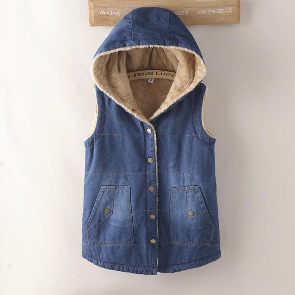 women's vests 2021 autumn winter hooded denim cotton vest women casual plus velvet thick warm sleeveless waistcoat female cc1245, Black;white
women's vests 2021 autumn winter hooded denim cotton vest women casual plus velvet thick warm sleeveless waistcoat female cc1245, Black;white
