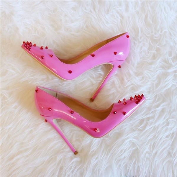 sweet pink patent leather high heel pumps 12cm red spike rivets pointed toe wedding shoes bride night club pump women dress, Black 
sweet pink patent leather high heel pumps 12cm red spike rivets pointed toe wedding shoes bride night club pump women dress, Black