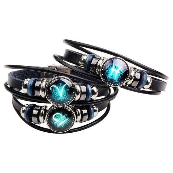 charm bracelets diy fashion 12 zodiac glass metal buckle bracelet women constellation jewelry black weave multilayer leather, Golden;silver 
charm bracelets diy fashion 12 zodiac glass metal buckle bracelet women constellation jewelry black weave multilayer leather, Golden;silver