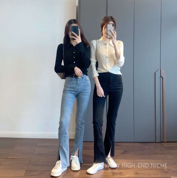 second change leg fine ju show length thin style version foot slit micro pull denim pants women's, Blue
second change leg fine ju show length thin style version foot slit micro pull denim pants women's, Blue