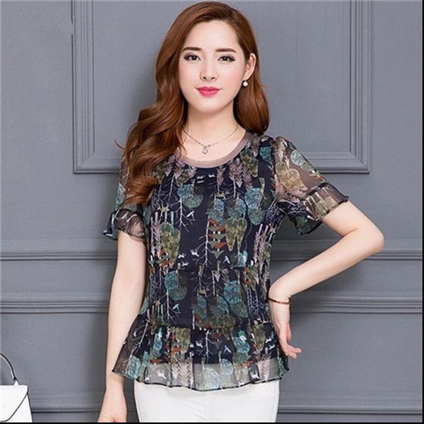 women shirts spring summer style chiffon blouses lady casual short flare sleeve flower printed blusas df2863, White