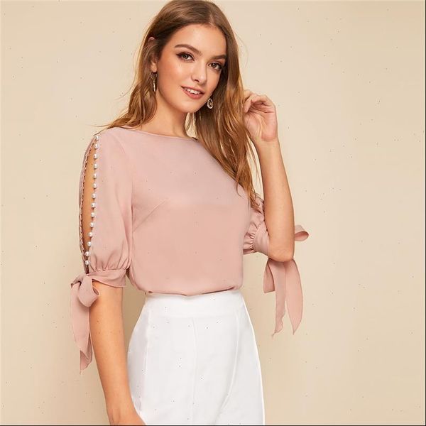 o placket solid womens blouses pearls beading side knot cuff elegant women autumn half sleeve basic for, White
o placket solid womens blouses pearls beading side knot cuff elegant women autumn half sleeve basic for, White