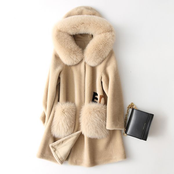 ladies tan sheep shearing woman's mid-length hoodie fox collar wool fur coat, Black
ladies tan sheep shearing woman's mid-length hoodie fox collar wool fur coat, Black
